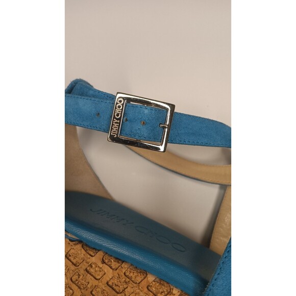 Jimmy Choo Wedge Sandals Blue Suede Cork Espadrilles Made in Spain Size 38 - Picture 3 of 16